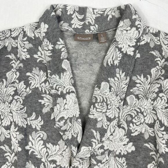 Chico’s 1 Gray White Floral Damask Knit Open Cardigan Sweater Jacket Medium 8 - Picture 4 of 10
